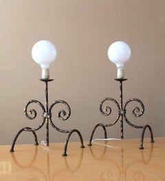 Pair! Wrought Iron Decorative Lamps After Tommi Parzinger 1960s Andiron Art