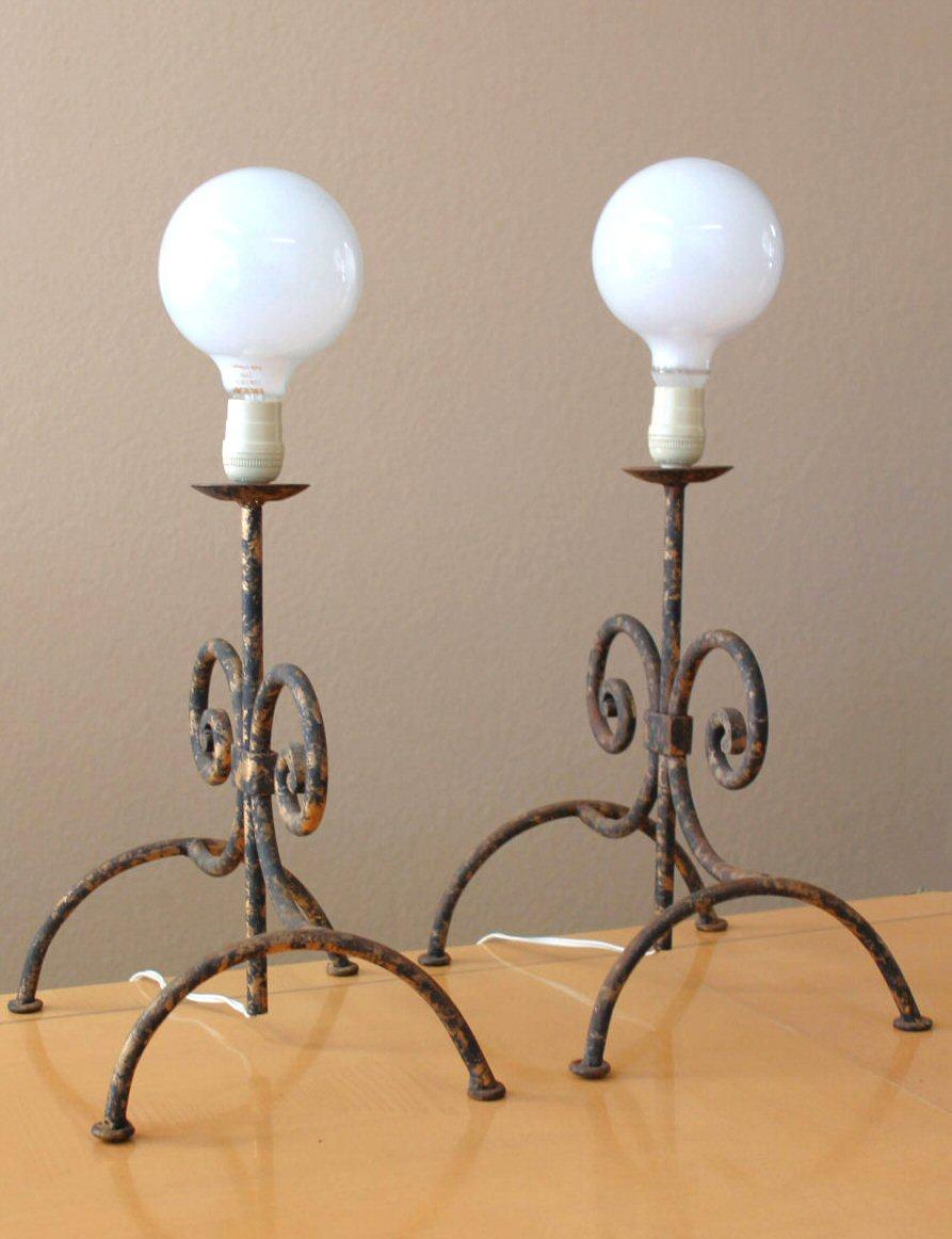 Arts and Crafts Pair! Wrought Iron Decorative Lamps After Tommi Parzinger 1960s Andiron Art For Sale