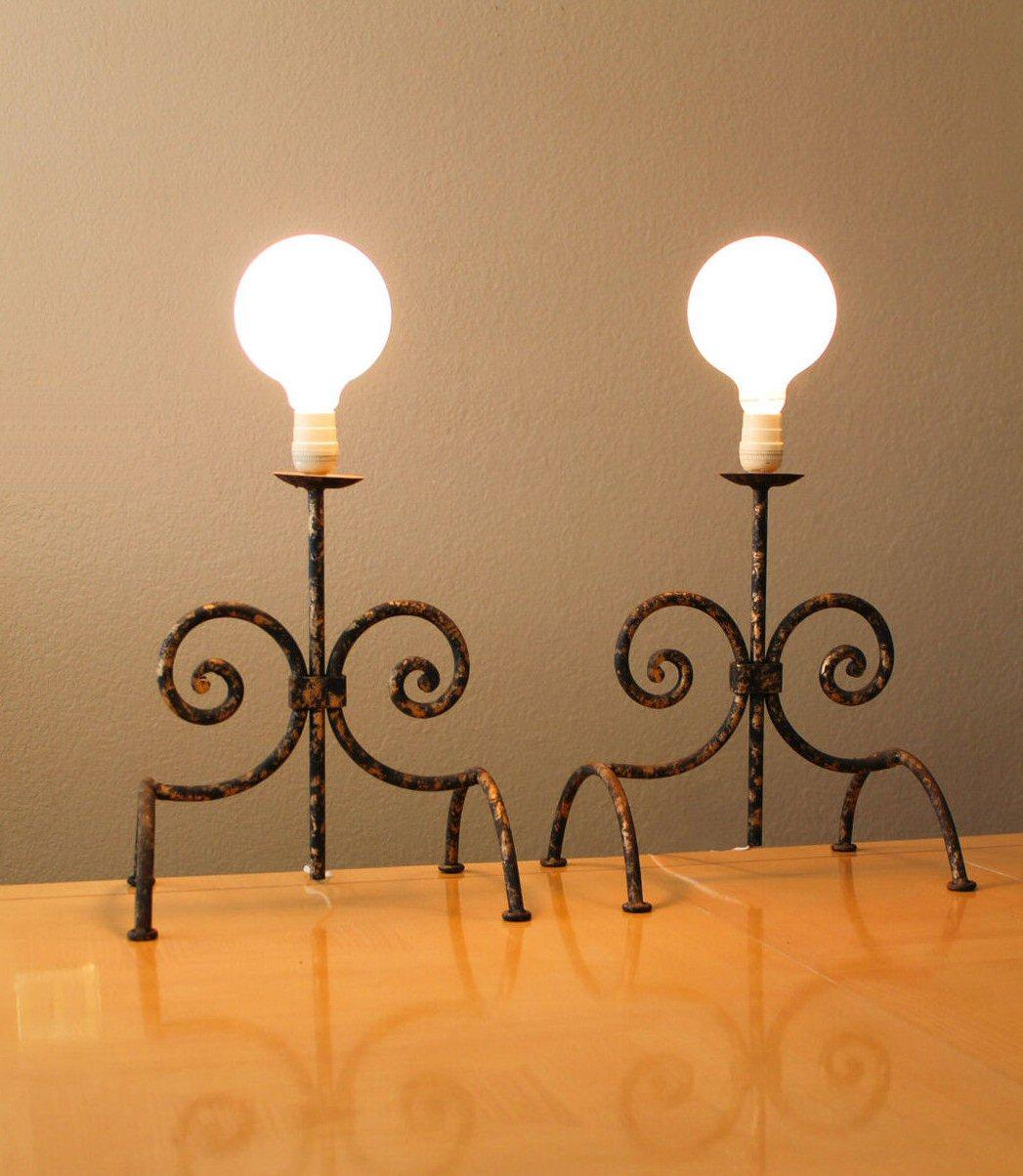 American Pair! Wrought Iron Decorative Lamps After Tommi Parzinger 1960s Andiron Art For Sale