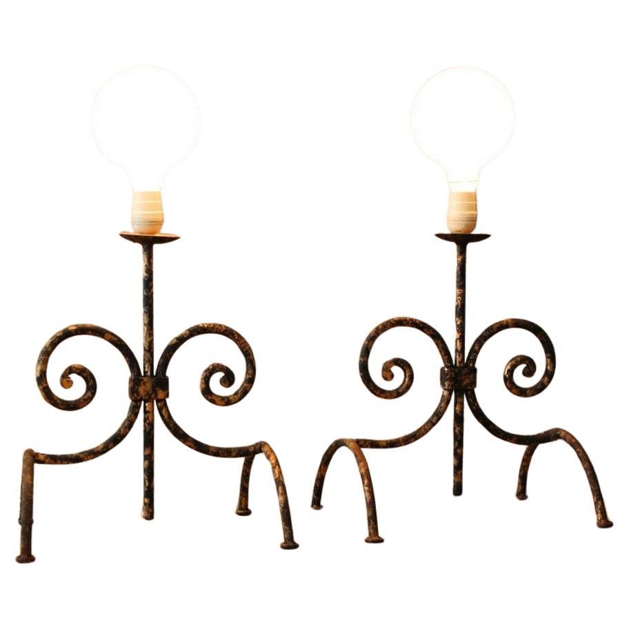 Pair! Wrought Iron Decorative Lamps After Tommi Parzinger 1960s Andiron Art For Sale