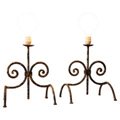 Used Pair! Wrought Iron Decorative Lamps After Tommi Parzinger 1960s Andiron Art