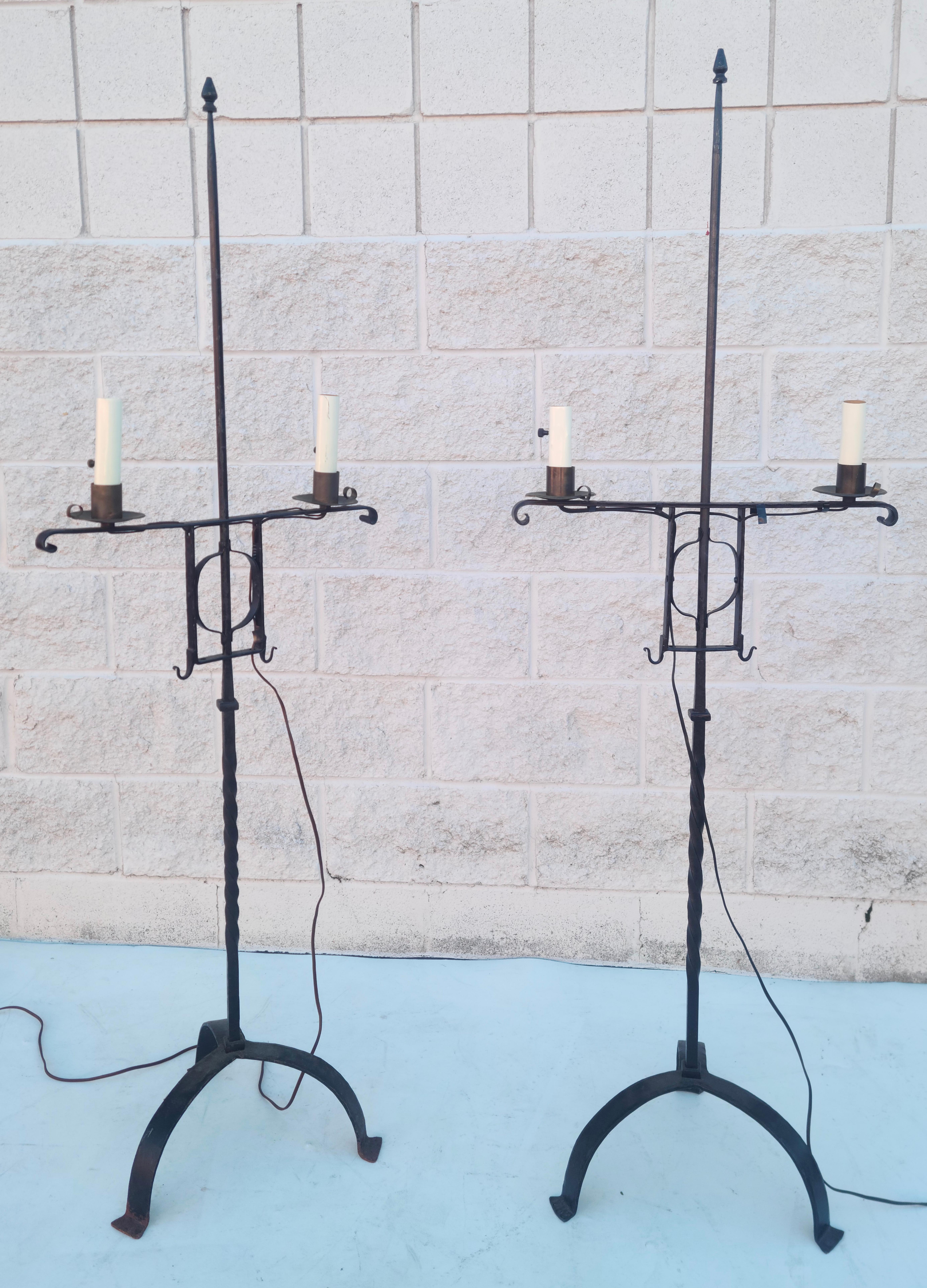 Pair Wrought Iron Floor Lamps Colonial Revival  For Sale 2
