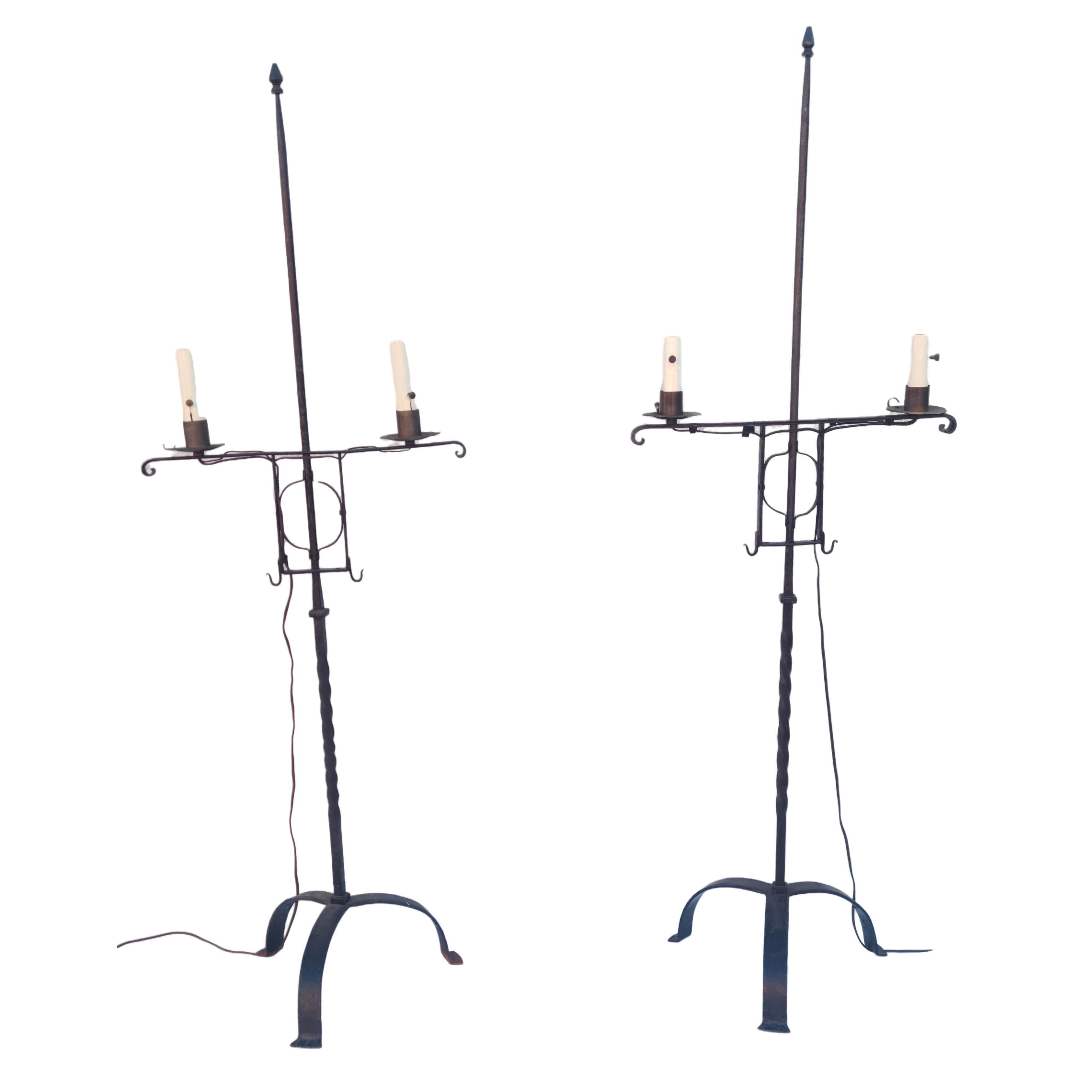 Pair Wrought Iron Floor Lamps Colonial Revival  For Sale