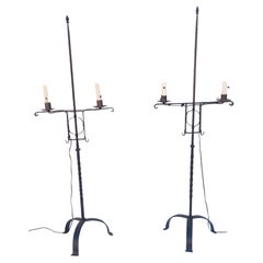 Pair Wrought Iron Floor Lamps Colonial Revival 