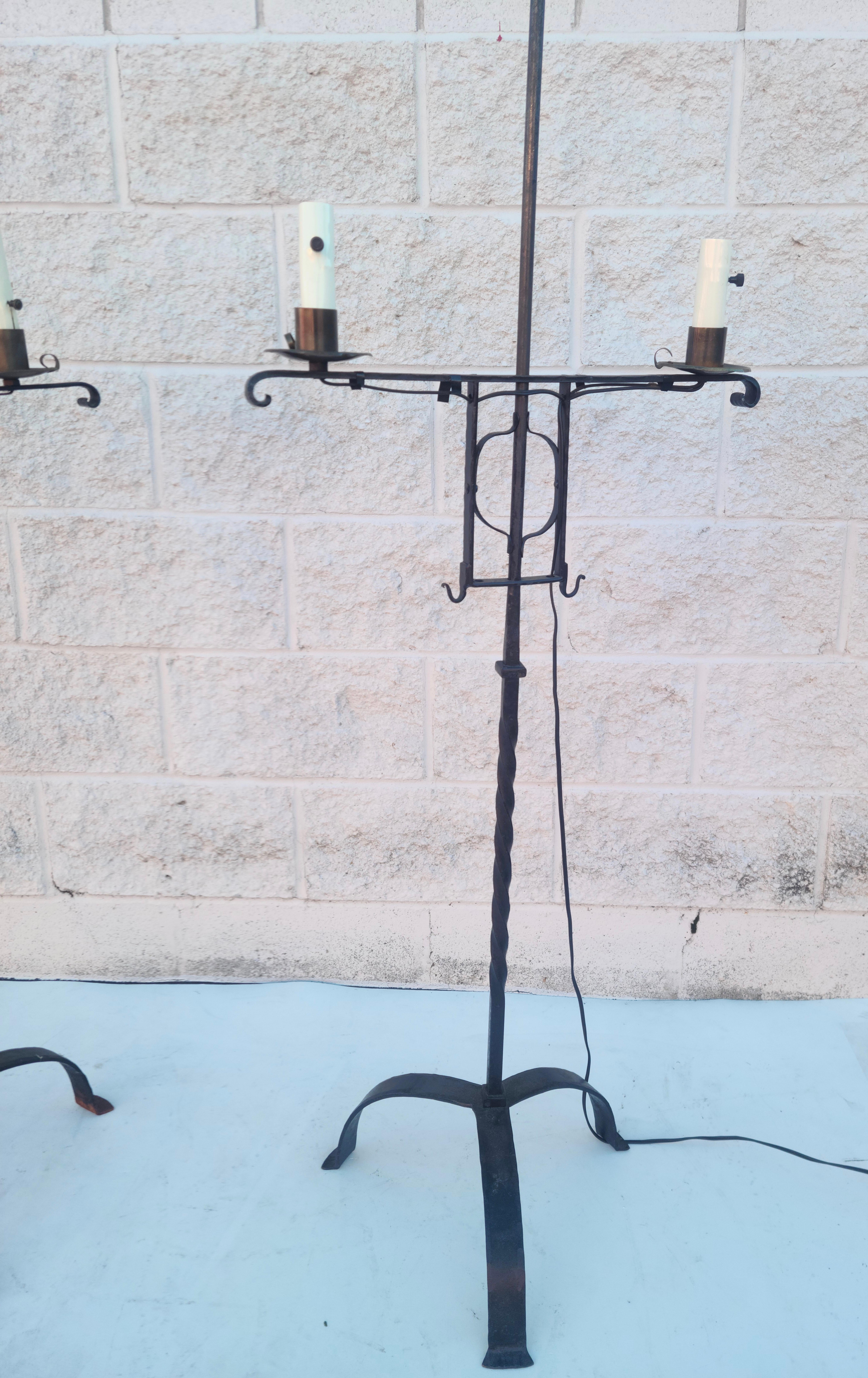 Pair Wrought Iron Floor Lamps Colonial Revival Style of Oscar Bach For Sale 5