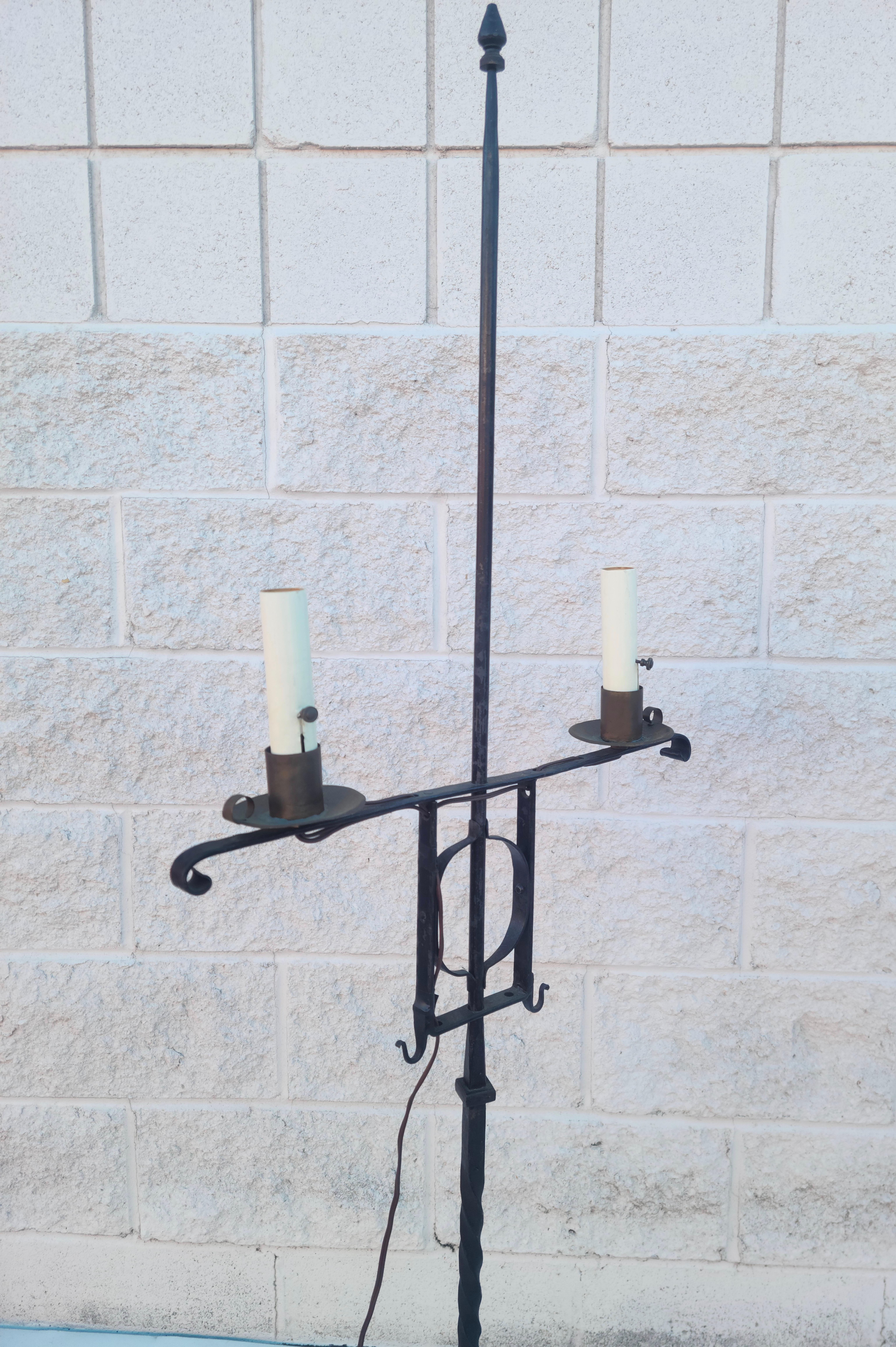 Pair Wrought Iron Floor Lamps Colonial Revival Style of Oscar Bach For Sale 7