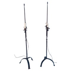 Pair Wrought Iron Floor Lamps Colonial Revival Style of Oscar Bach