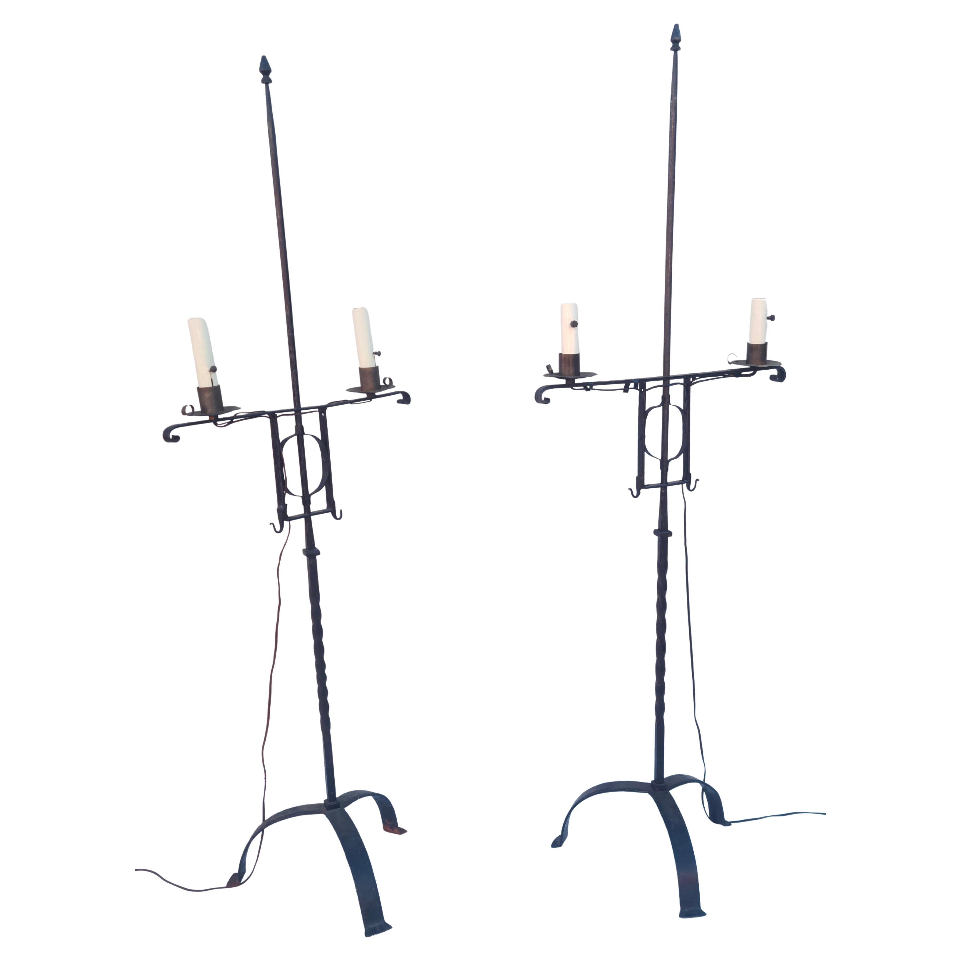 Mid-20th Century Pair Wrought Iron Floor Lamps Colonial Revival Style of Oscar Bach For Sale