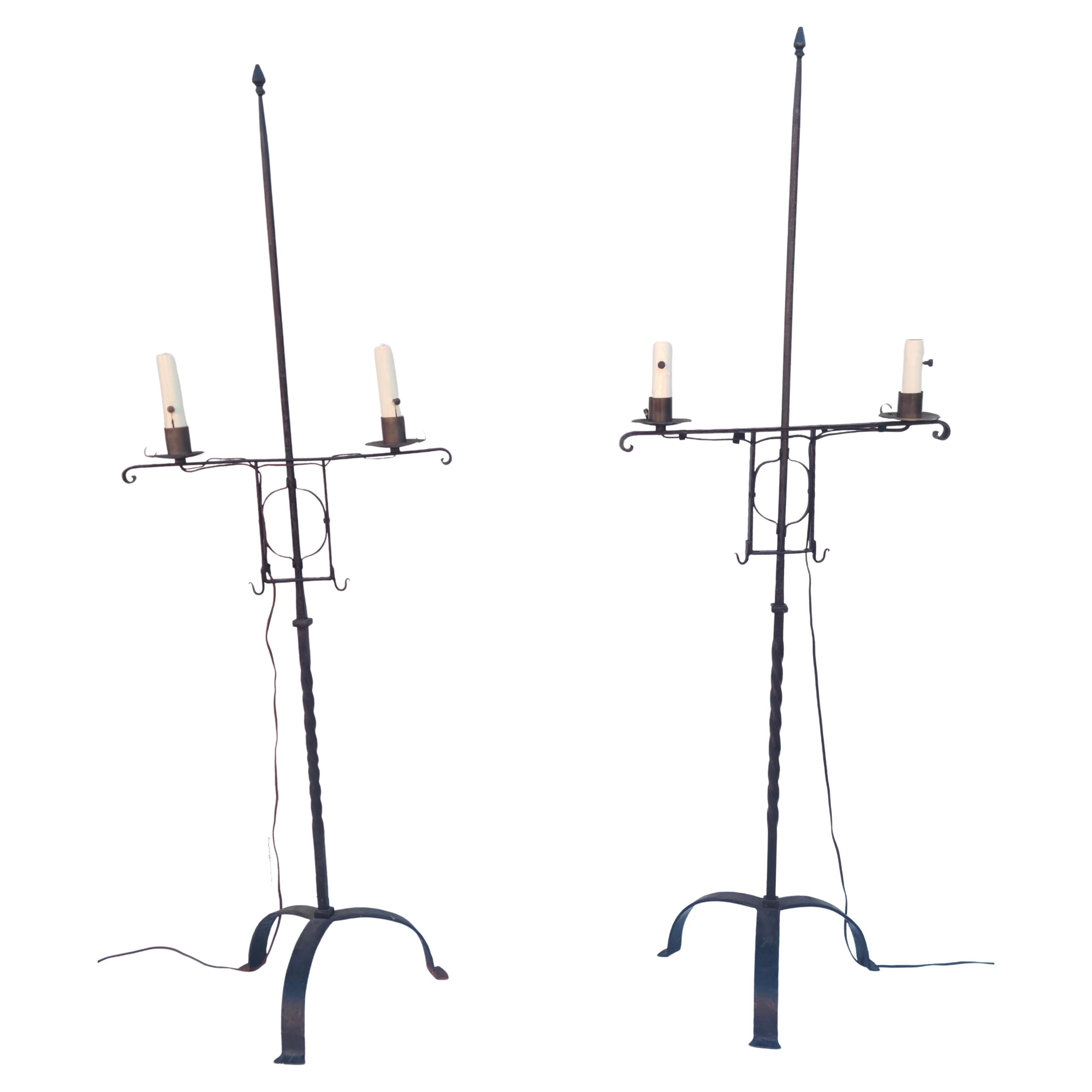 Brass Pair Wrought Iron Floor Lamps Colonial Revival Style of Oscar Bach For Sale