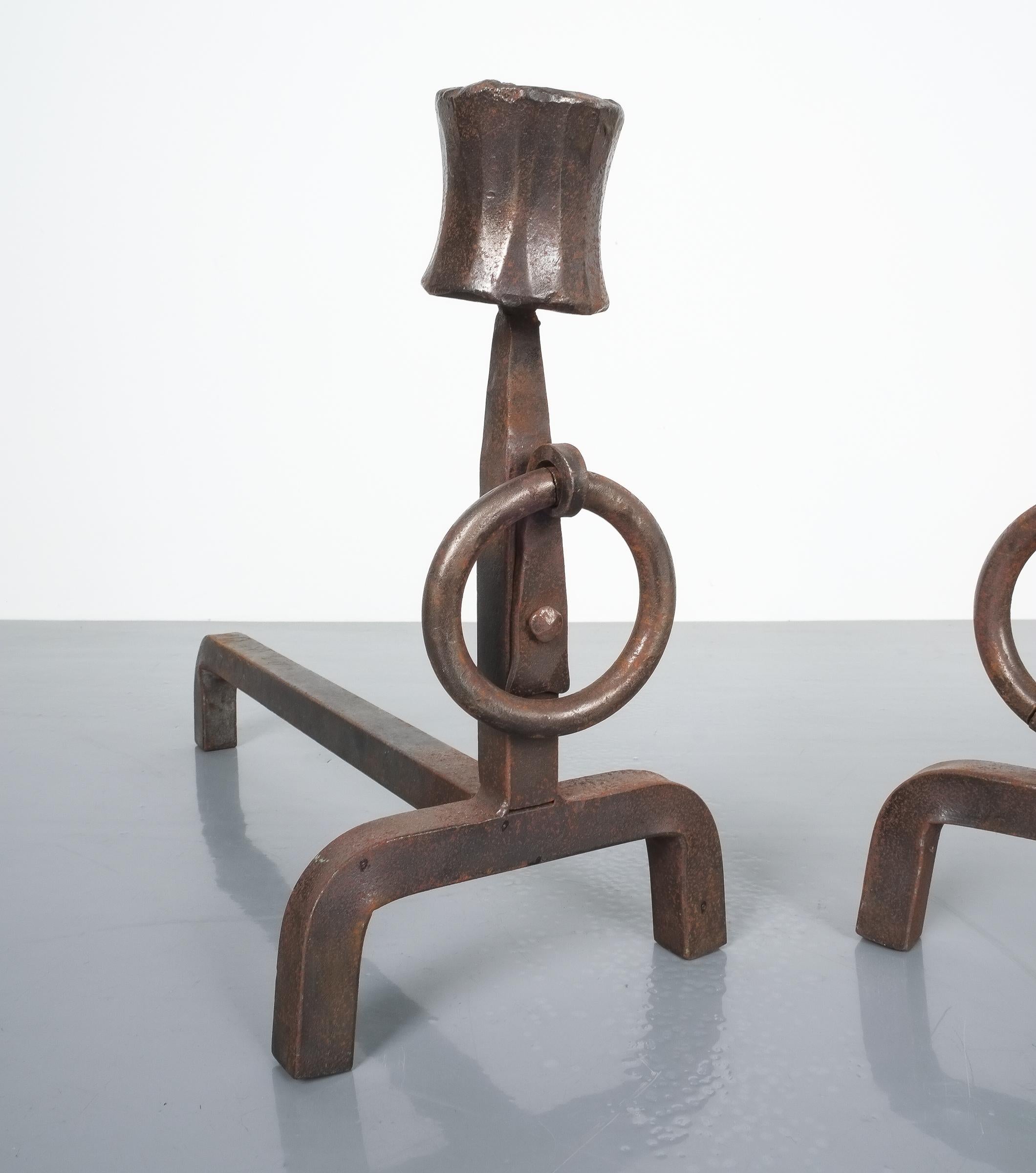 Wrought Iron Rustic Andirons, Midcentury, France In Good Condition For Sale In Vienna, AT