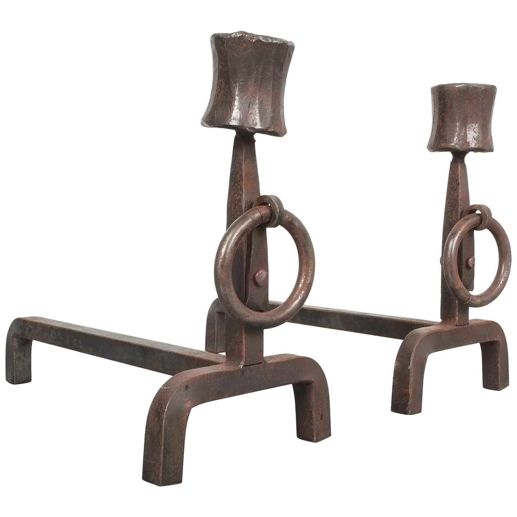 Wrought Iron Rustic Andirons, Midcentury, France For Sale 1