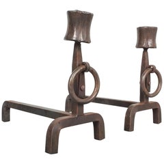 Pair of Wrought Iron Rustic Andirons, Midcentury, France