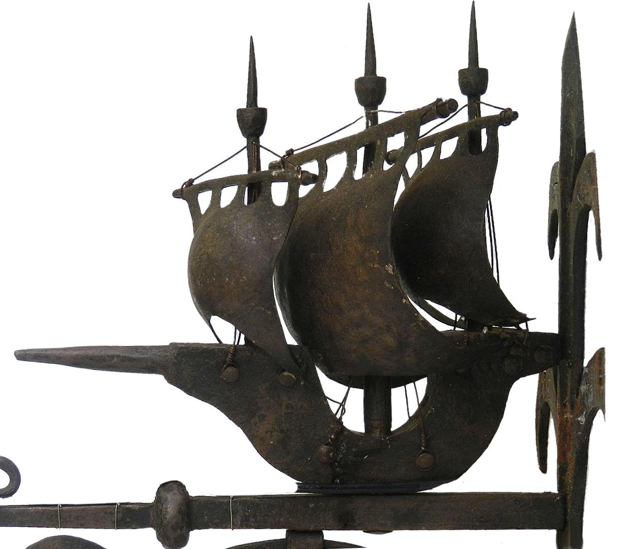 Pair Sconces Wrought Iron one of a kind attributed to Gilbert Poillerat, circa 1930
Rare and unique from Atelier Poillerat
With midcentury Arts & Crafts Neo Baroque influences typical in works by Poillerat
Hand forged sculpture with galleons 
Hung