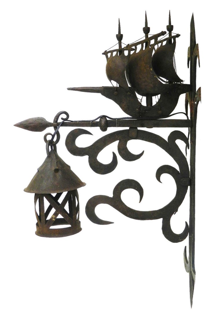 Forged 2 Wrought Iron Sconces Attributed to Poillerat Marine Galleon, circa 1930 For Sale