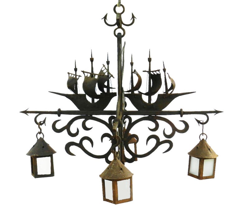 20th Century 2 Wrought Iron Sconces Attributed to Poillerat Marine Galleon, circa 1930 For Sale
