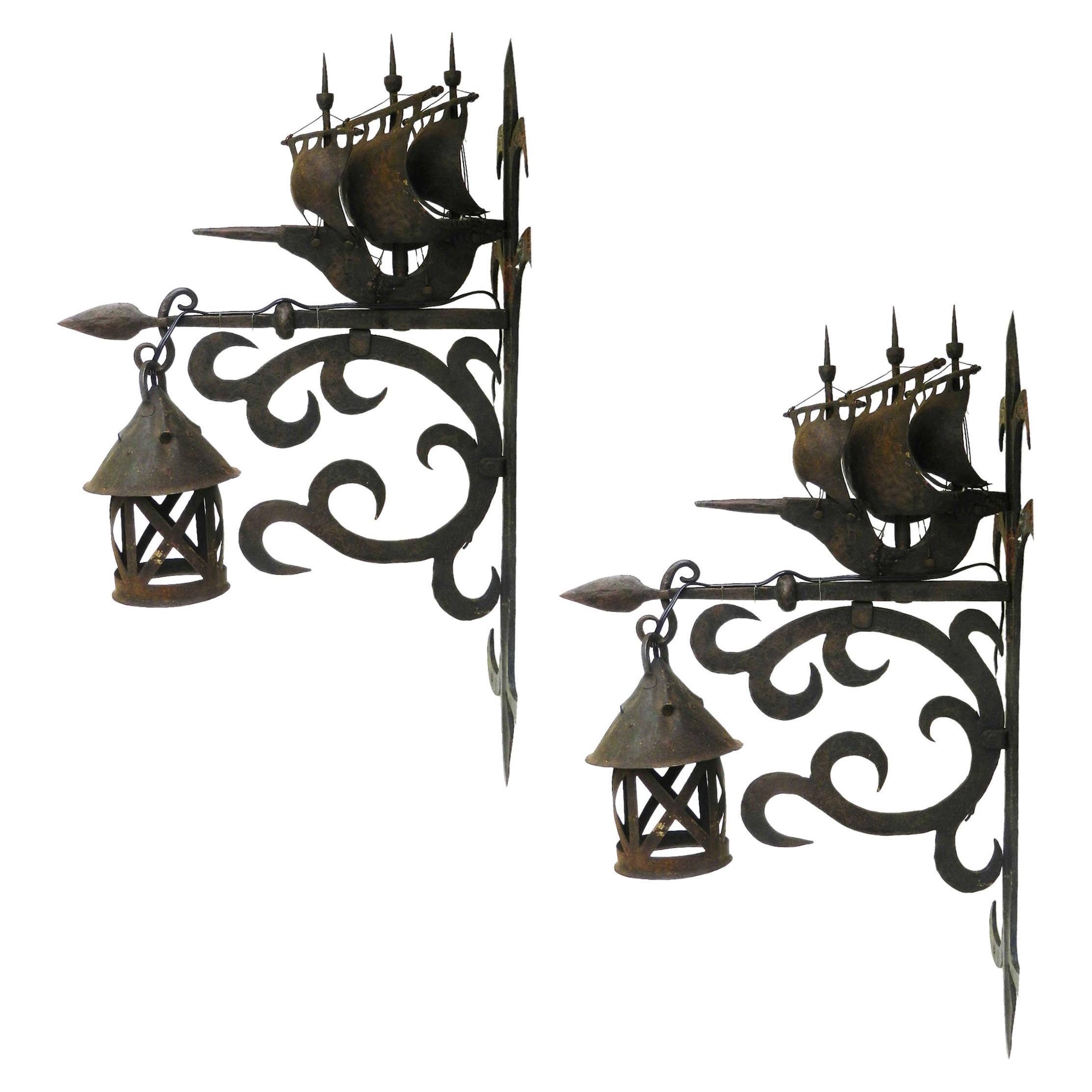 2 Wrought Iron Sconces Attributed to Poillerat Marine Galleon, circa 1930 For Sale