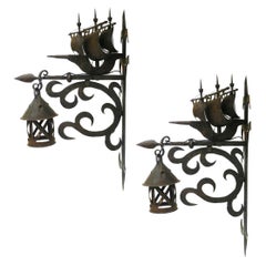 Retro 2 Wrought Iron Sconces Attributed to Poillerat Marine Galleon, circa 1930