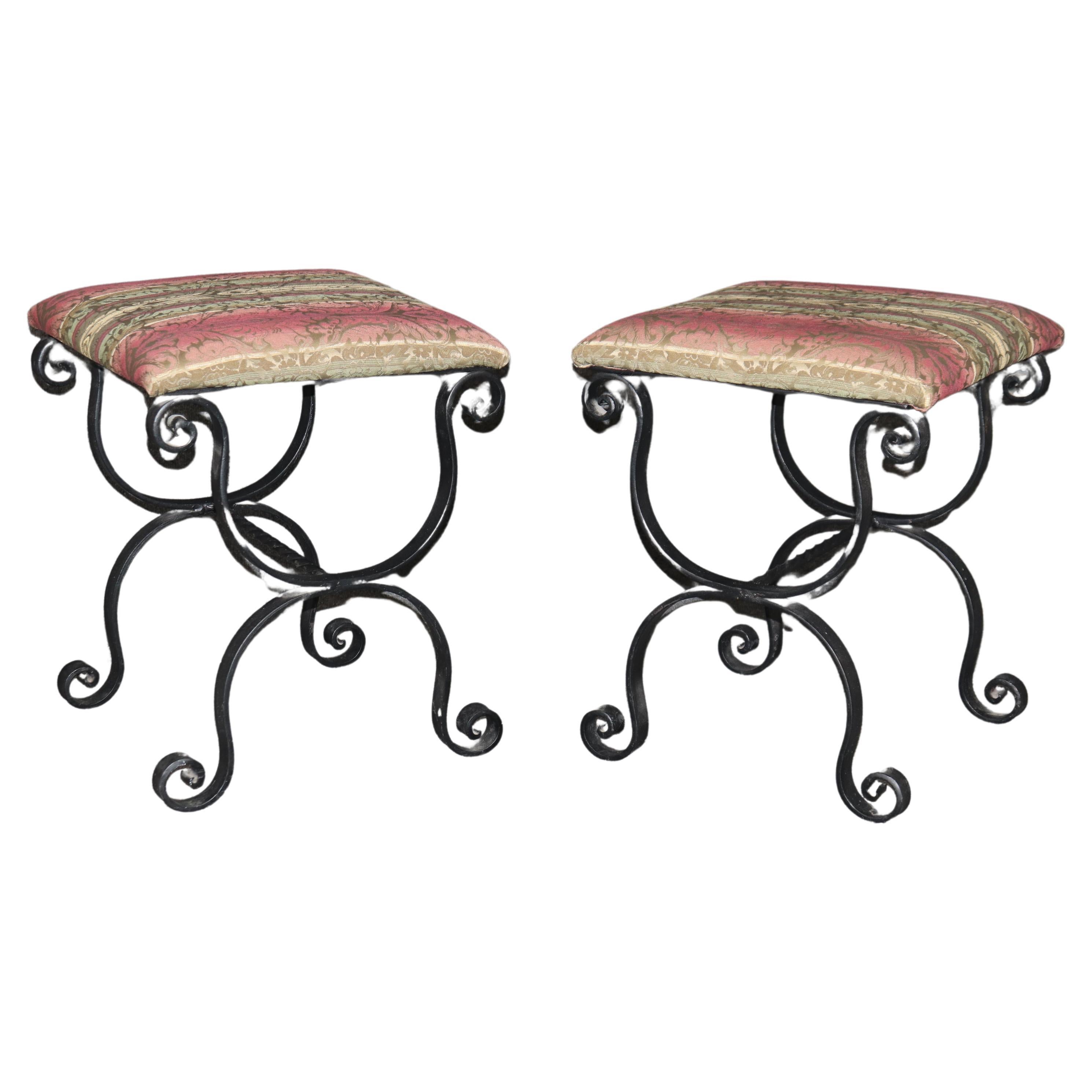 Pair Wrought Iron Upholstered Spanish Colonial Style X Benches