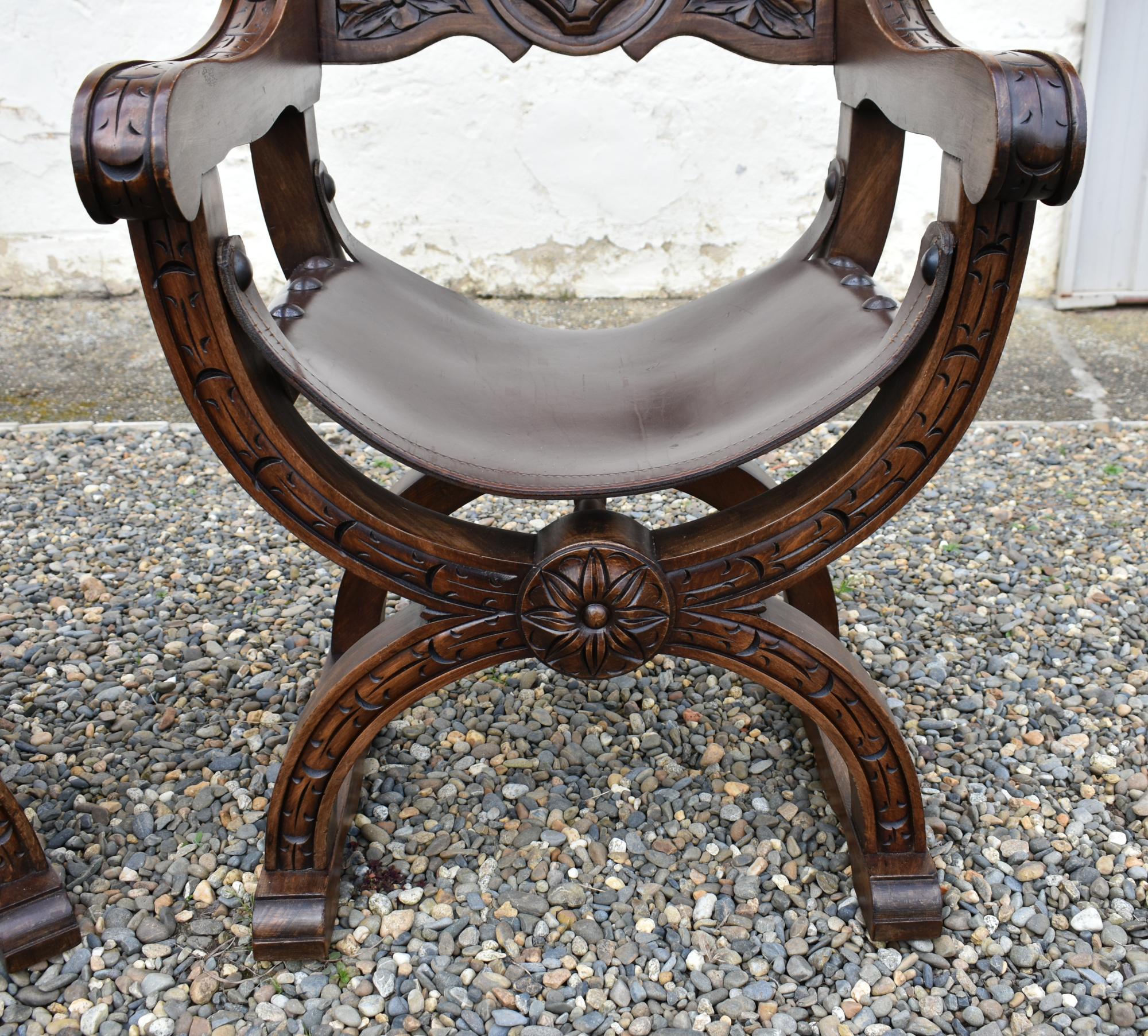 Pair X Frame Throne Chairs Dagobert Style by Navarro Argudo in Oak For Sale 2