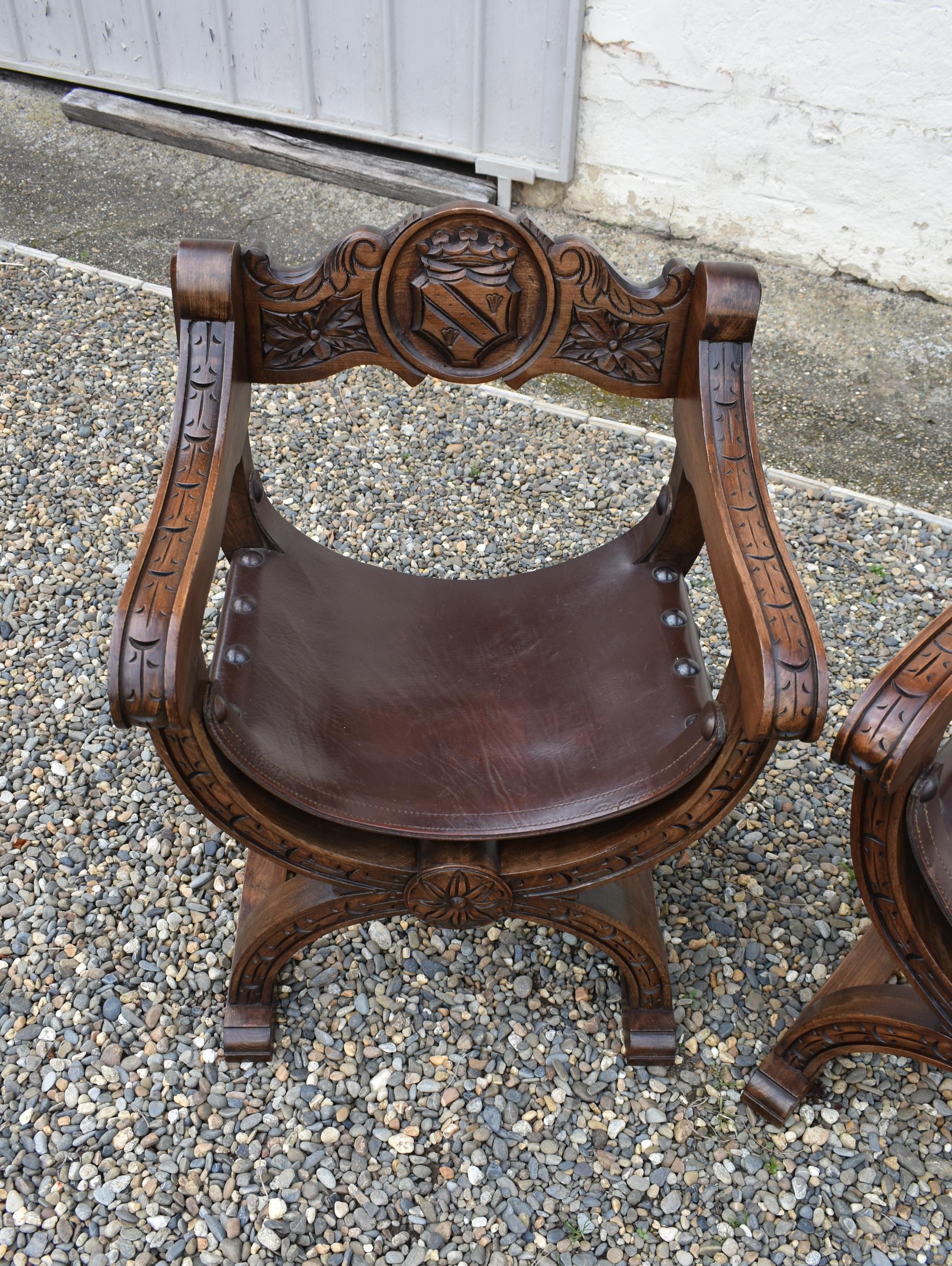 Pair X Frame Throne Chairs Dagobert Style by Navarro Argudo in Oak For Sale 7