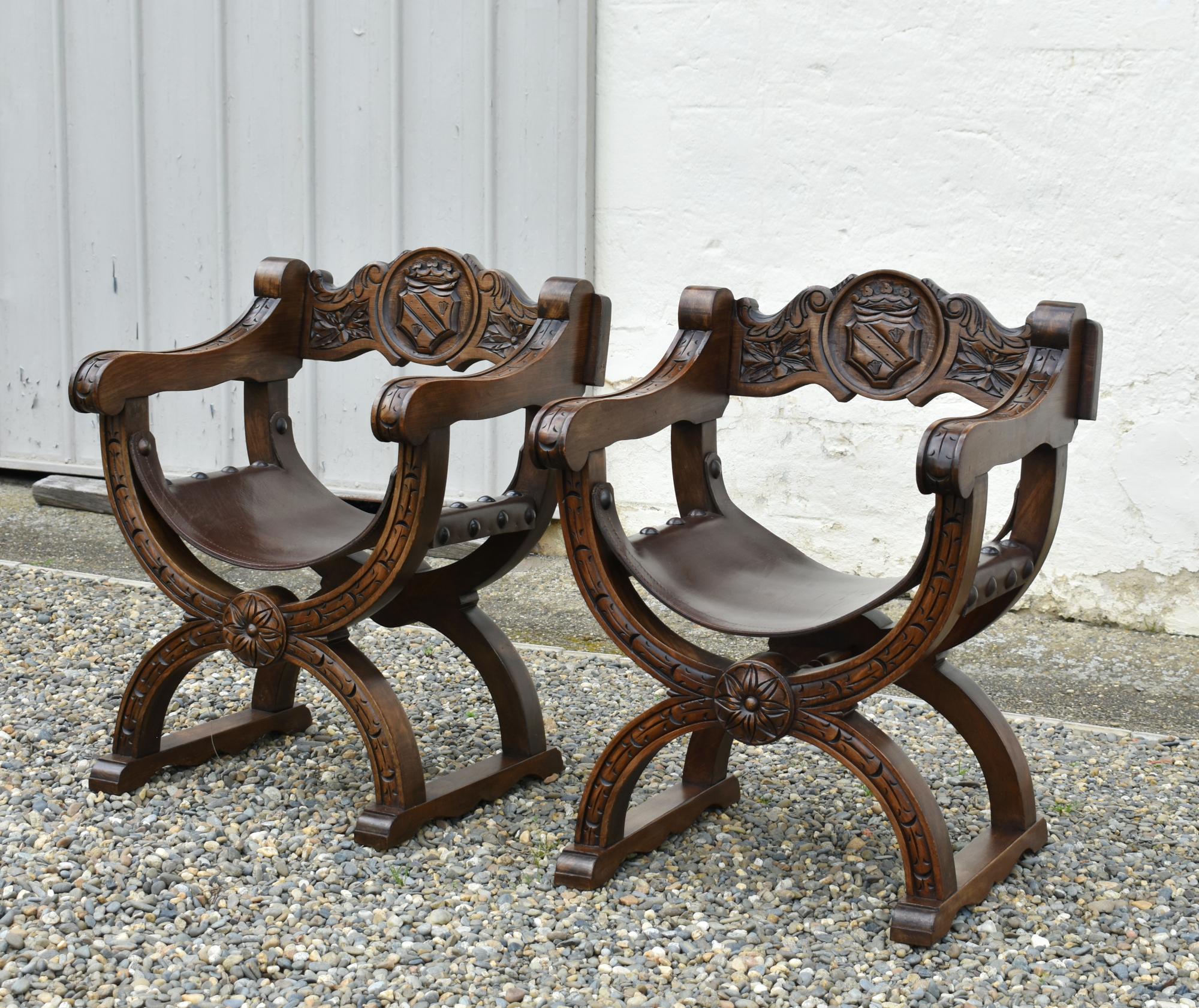 Mid-Century Modern Pair X Frame Throne Chairs Dagobert Style by Navarro Argudo in Oak For Sale