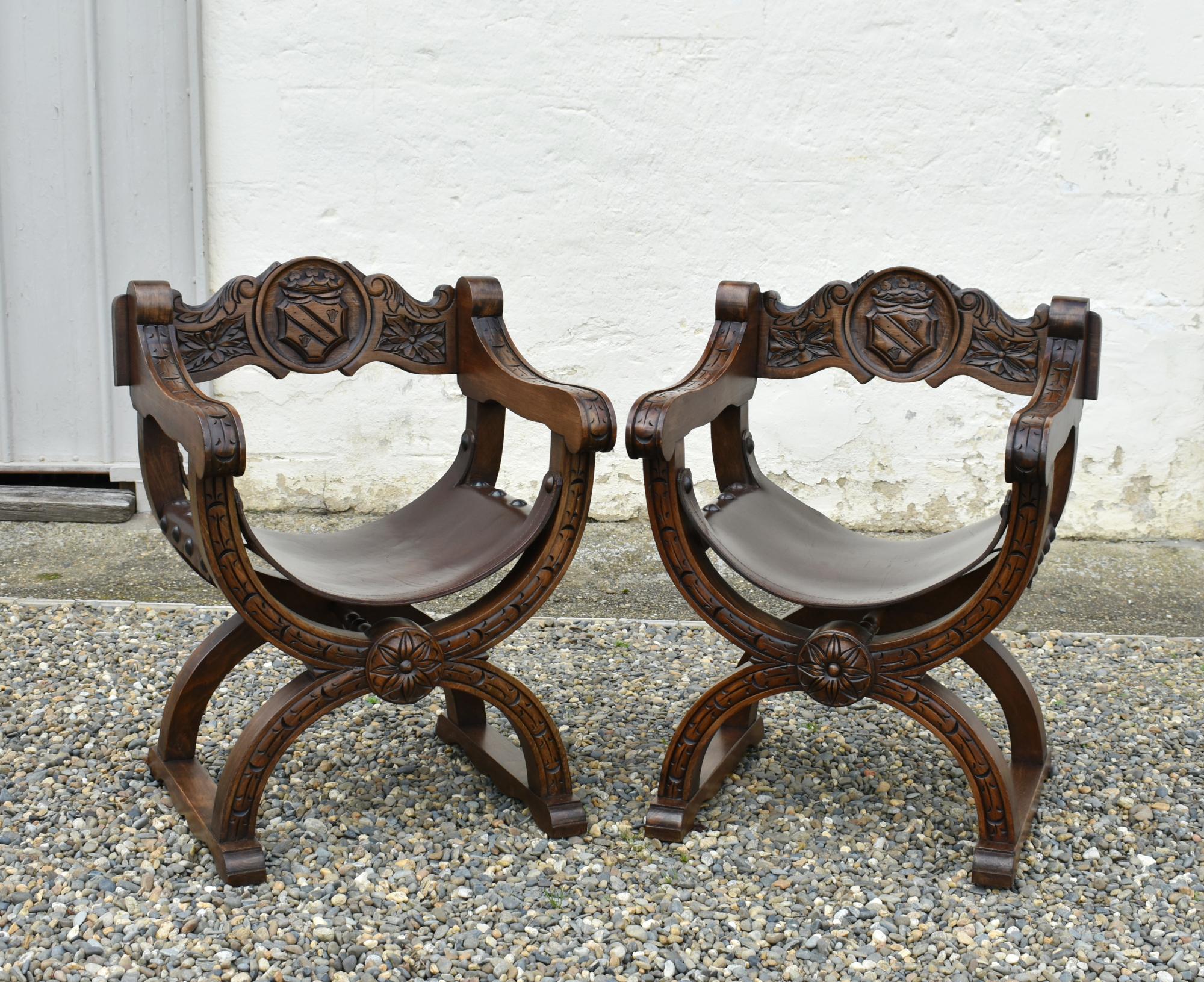 Spanish Pair X Frame Throne Chairs Dagobert Style by Navarro Argudo in Oak For Sale