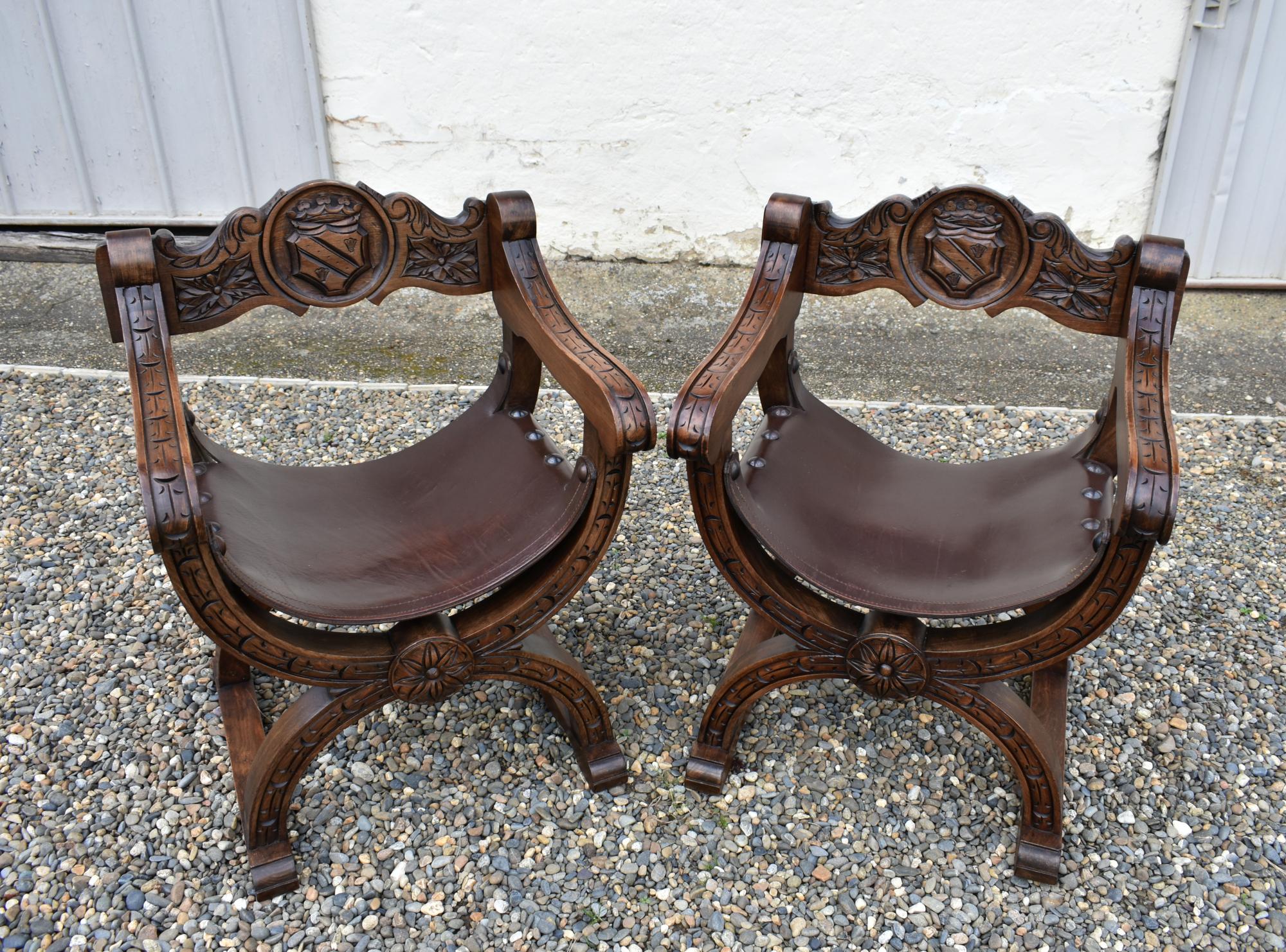 Carved Pair X Frame Throne Chairs Dagobert Style by Navarro Argudo in Oak For Sale