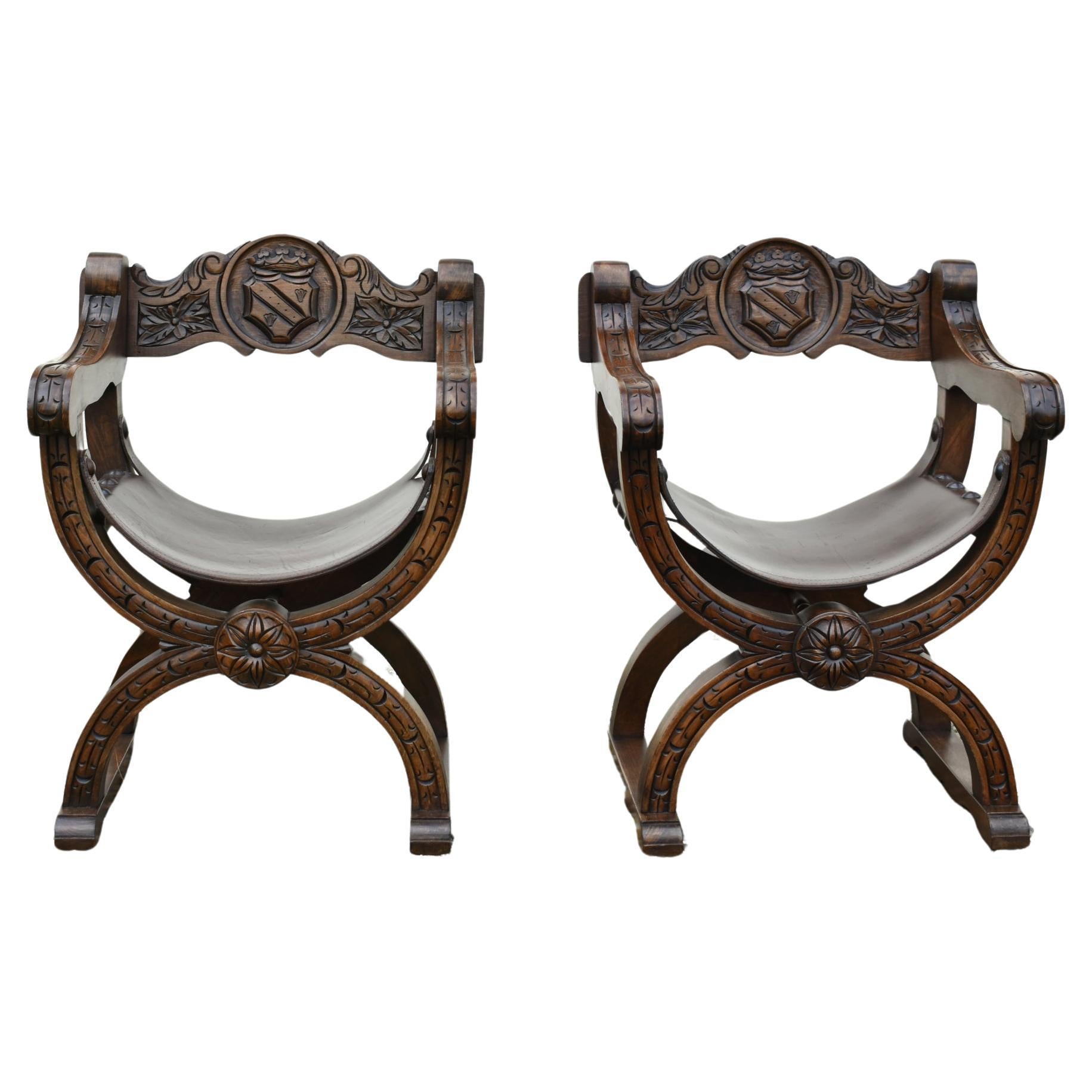 Pair X Frame Throne Chairs Dagobert Style by Navarro Argudo in Oak For Sale