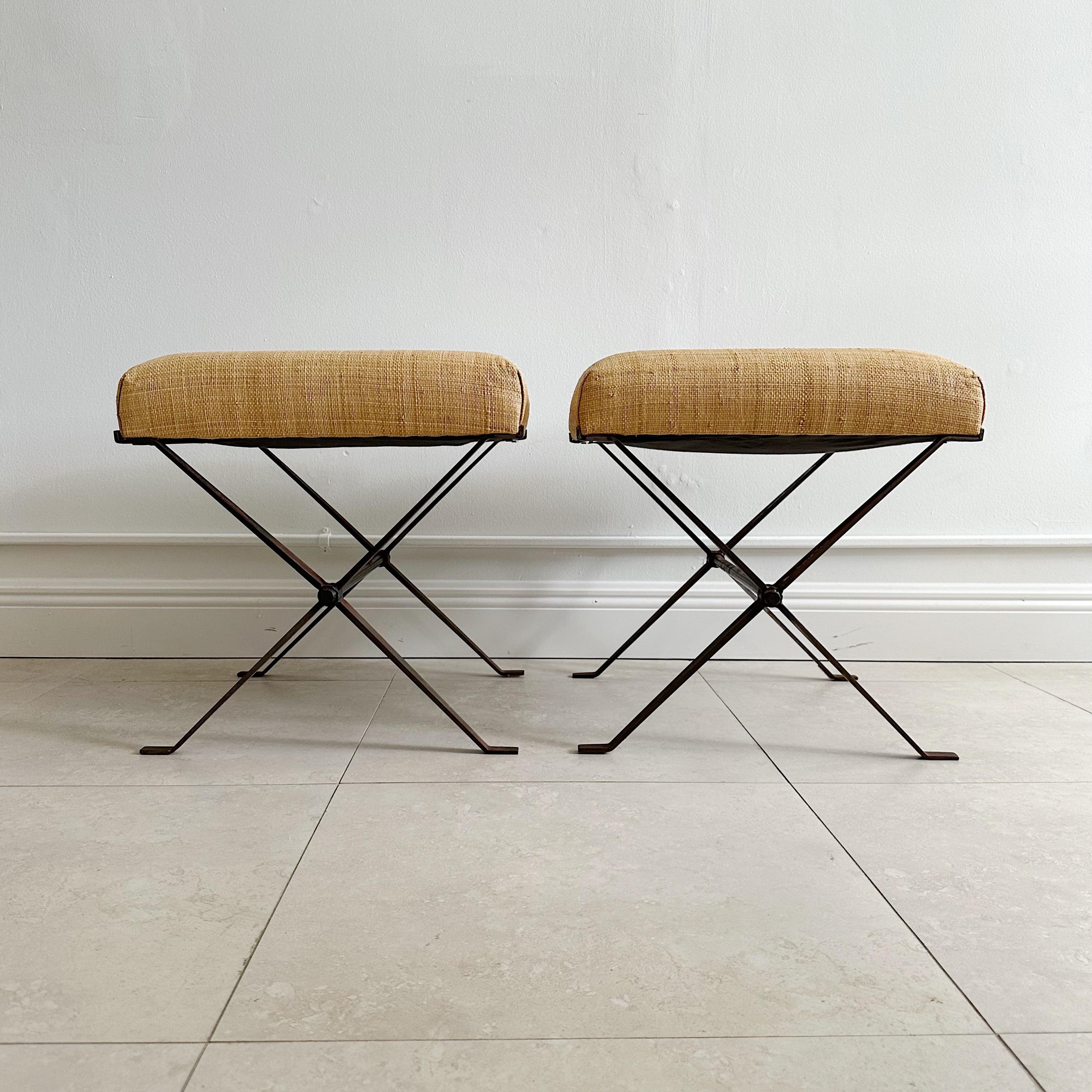 American Pair X Stretcher Rattan Upholstered Stools