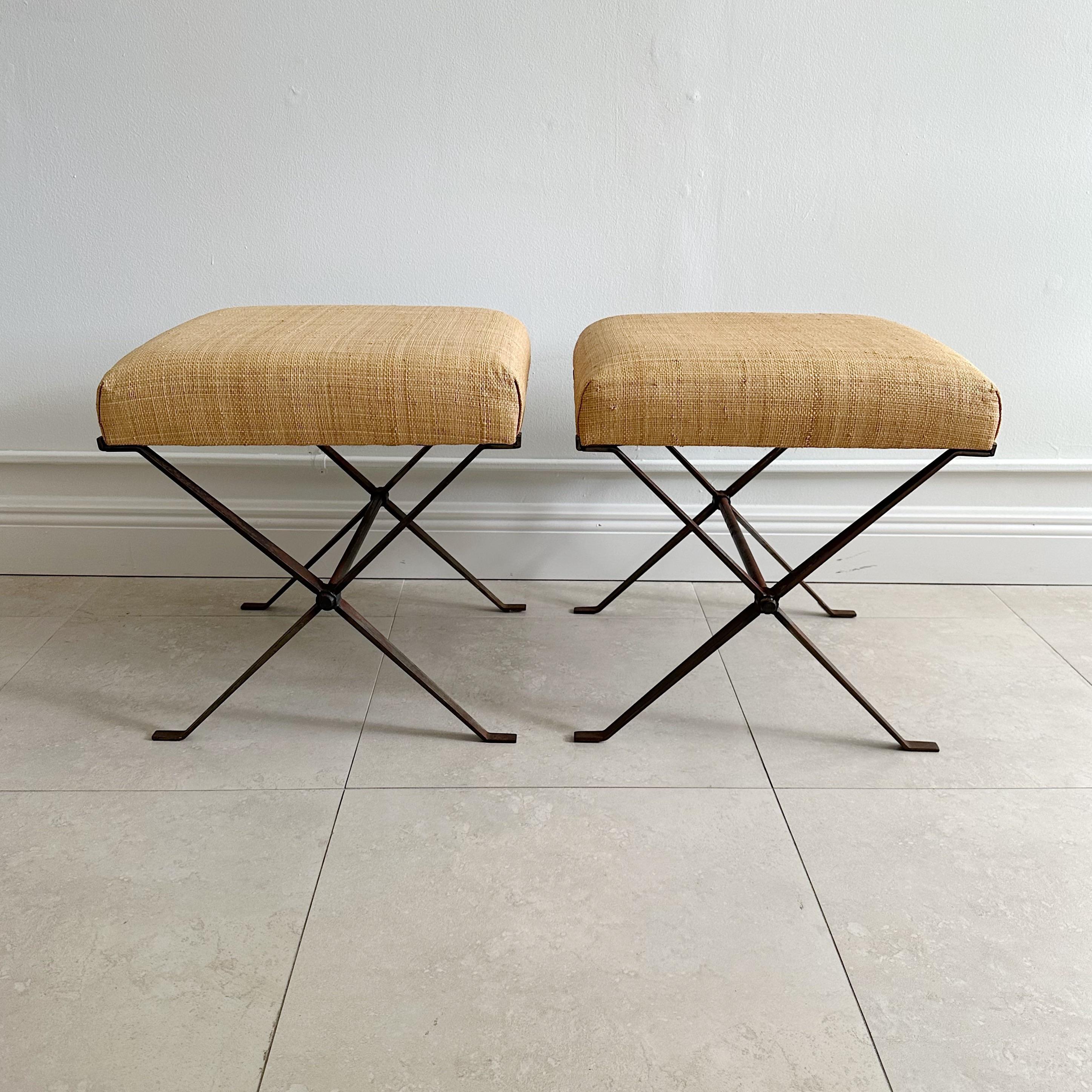 Hand-Crafted Pair X Stretcher Rattan Upholstered Stools