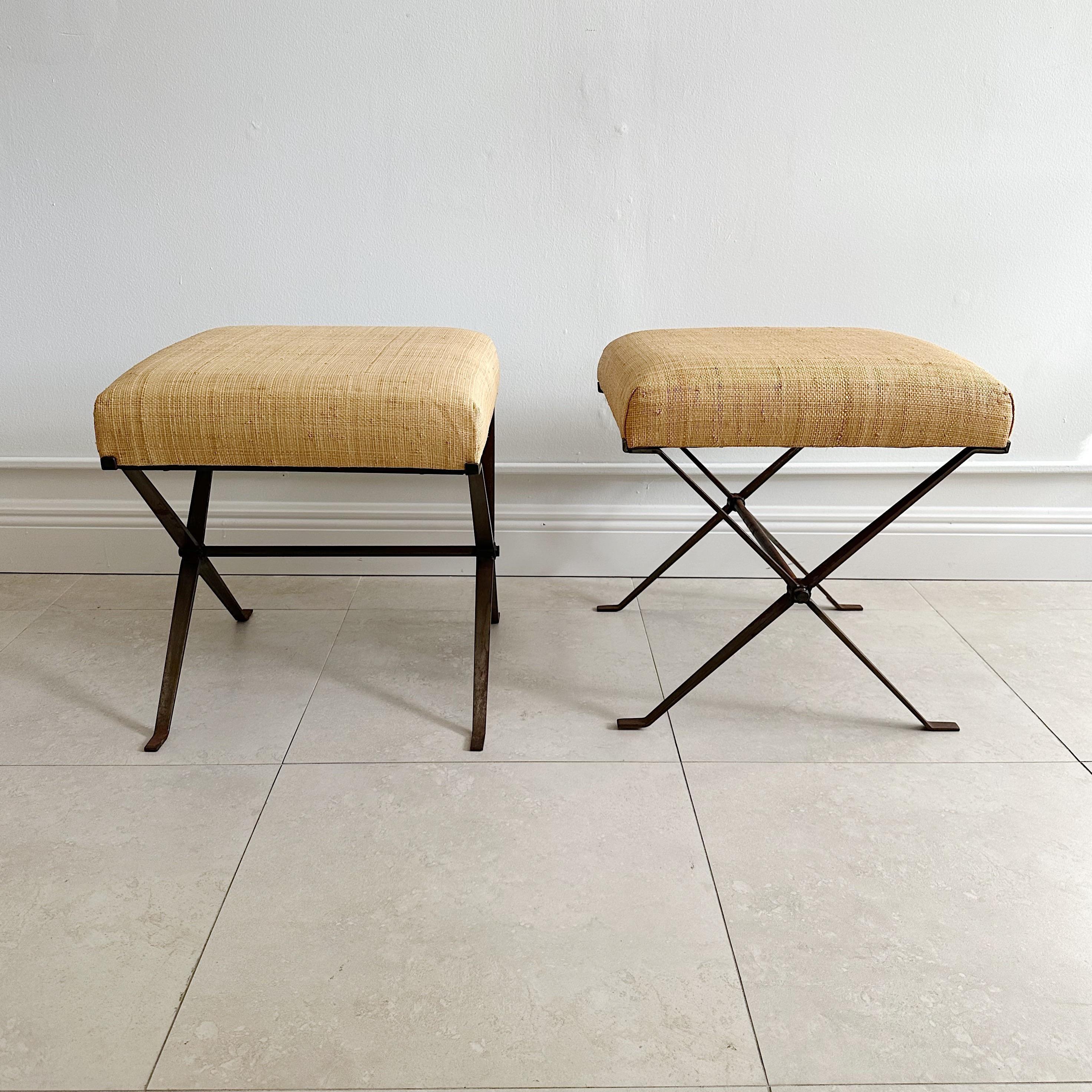 Pair X Stretcher Rattan Upholstered Stools In Good Condition In West Palm Beach, FL
