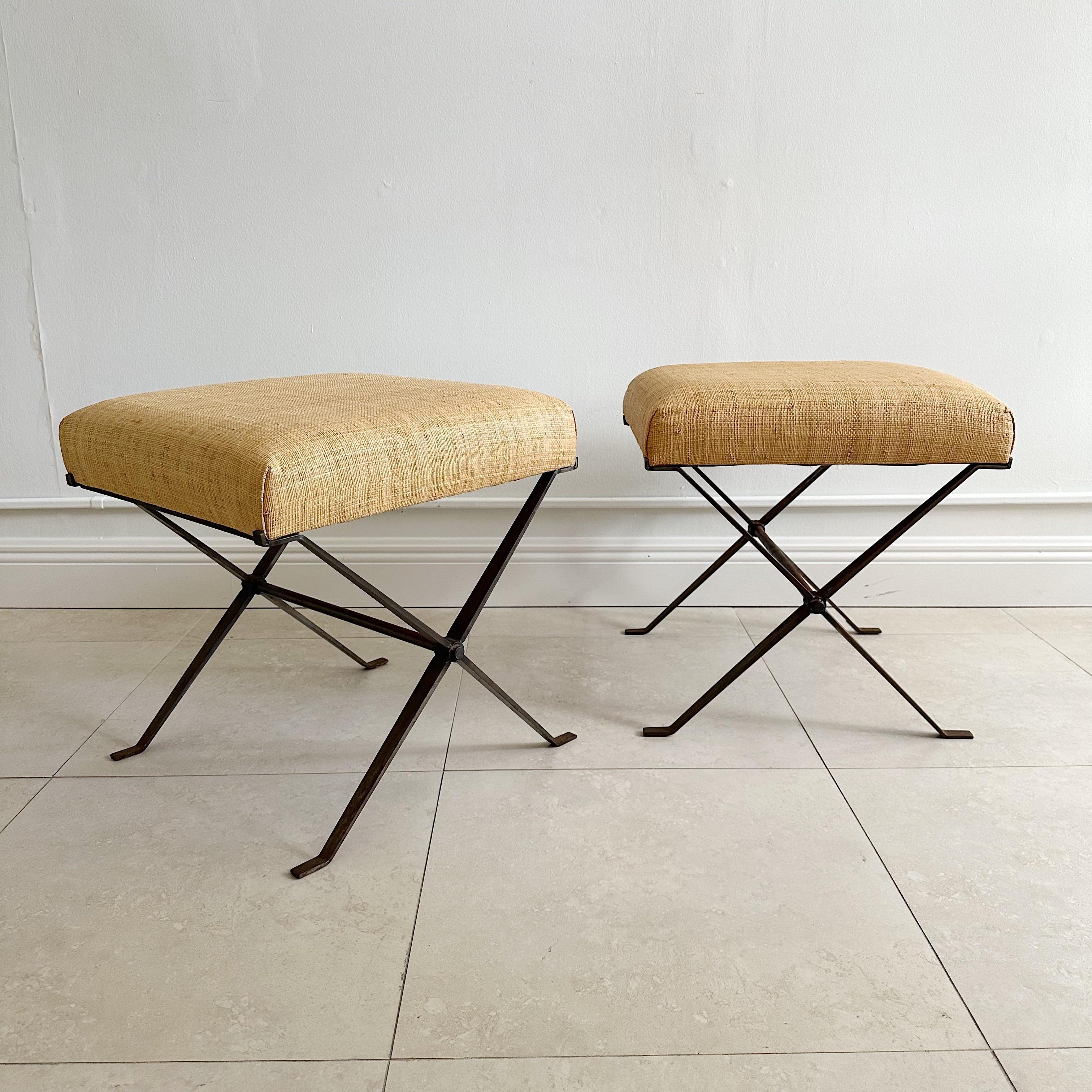 Steel Pair X Stretcher Rattan Upholstered Stools