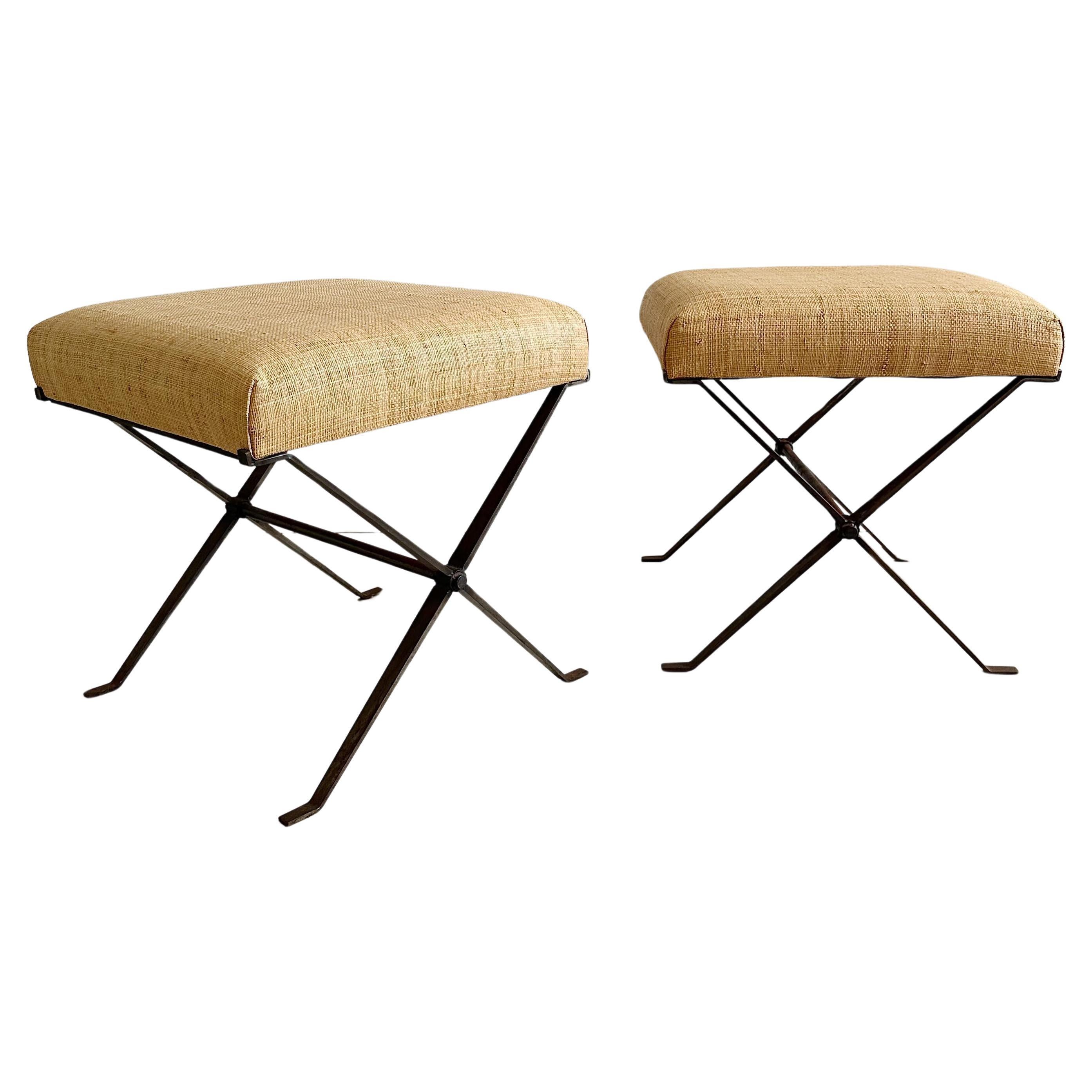 Pair X Stretcher Rattan Upholstered Stools