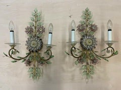 Pair XL 1940s Cut Crystal Amethyst/ Verde Flower/ Petals Wall Sconces by "Palwa"