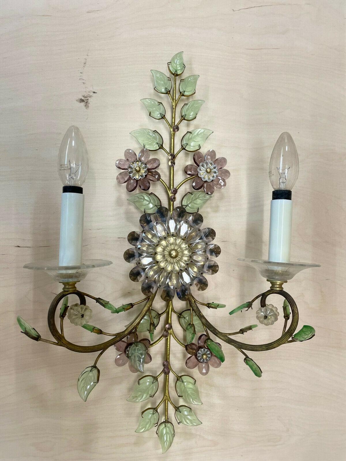 Hollywood Regency Pair XL 1940s Cut Crystal Amethyst/ Verde Flower/ Petals Wall Sconces by 