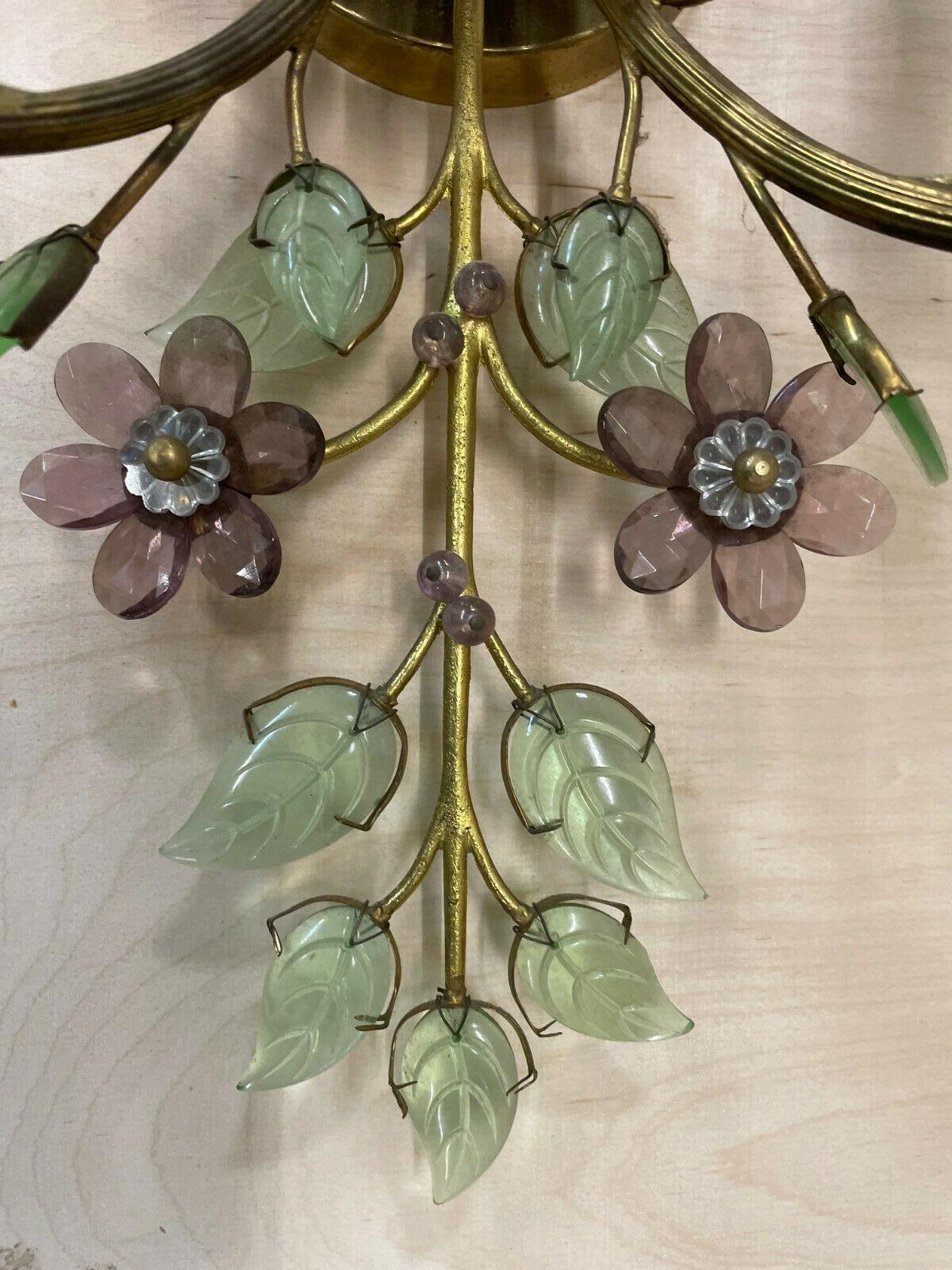 Pair XL 1940s Cut Crystal Amethyst/ Verde Flower/ Petals Wall Sconces by 