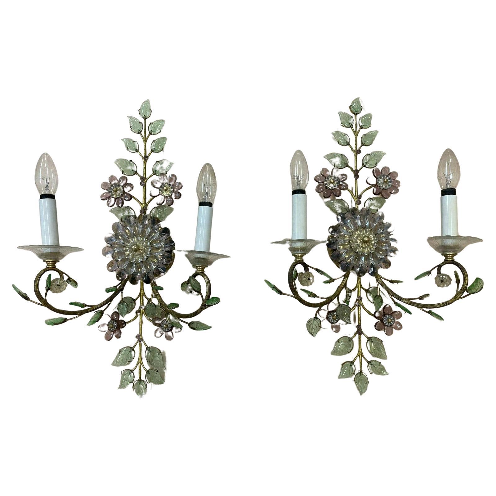 Pair XL 1940s Cut Crystal Amethyst/ Verde Flower/ Petals Wall Sconces by "Palwa" For Sale
