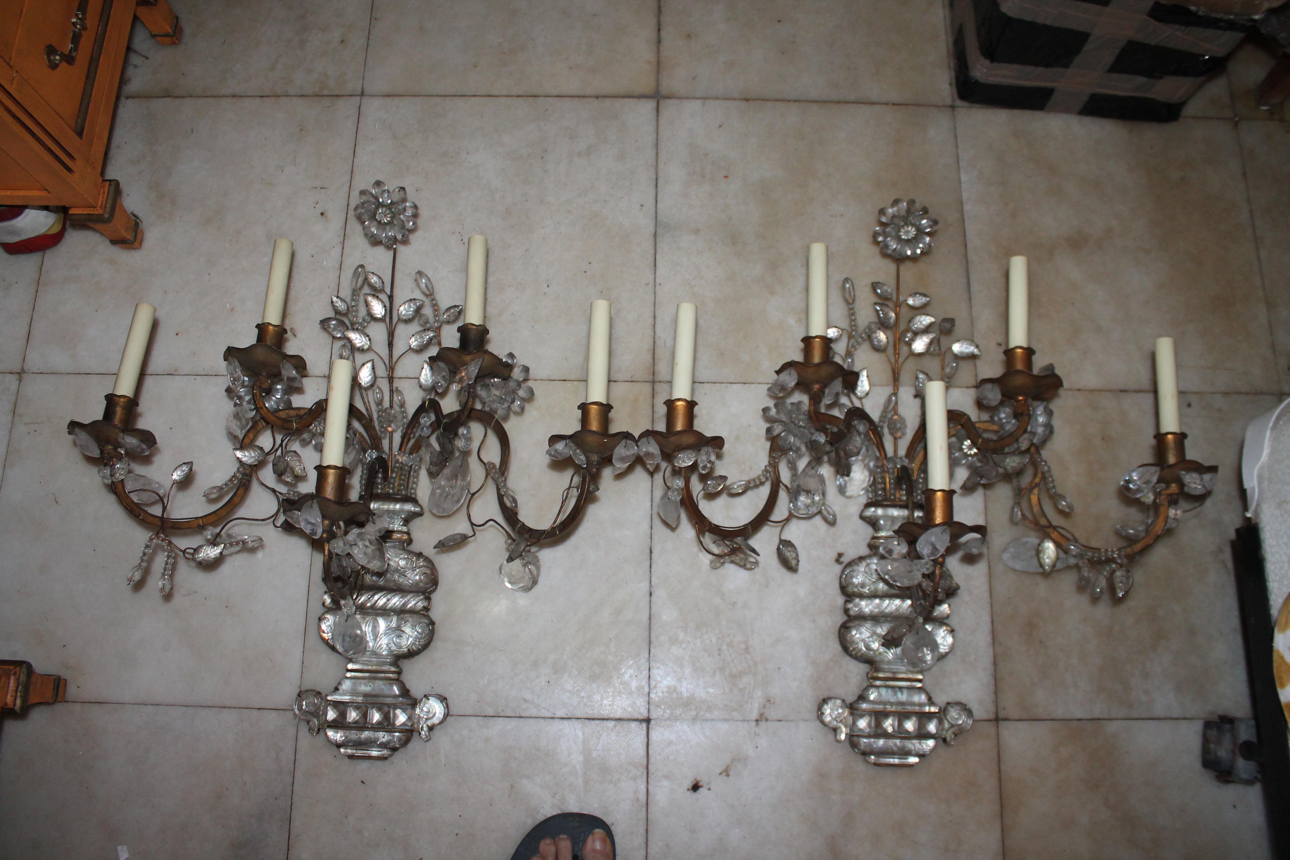 Pair XL 1940's French Regency Rock Crystal Sconces by Maison Bagues For Sale 3