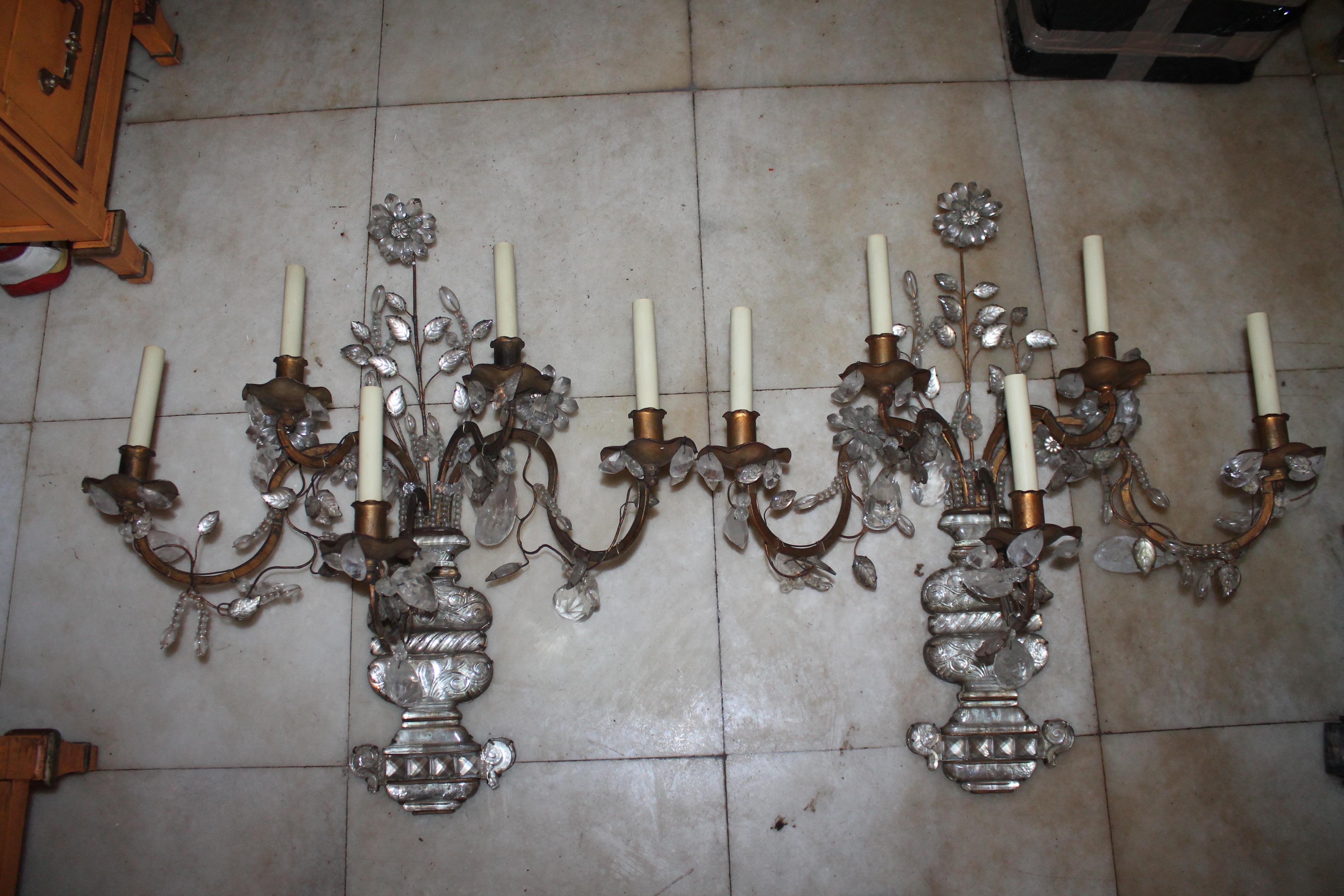 Pair XL 1940's French Regency Rock Crystal Sconces by Maison Bagues For Sale 5