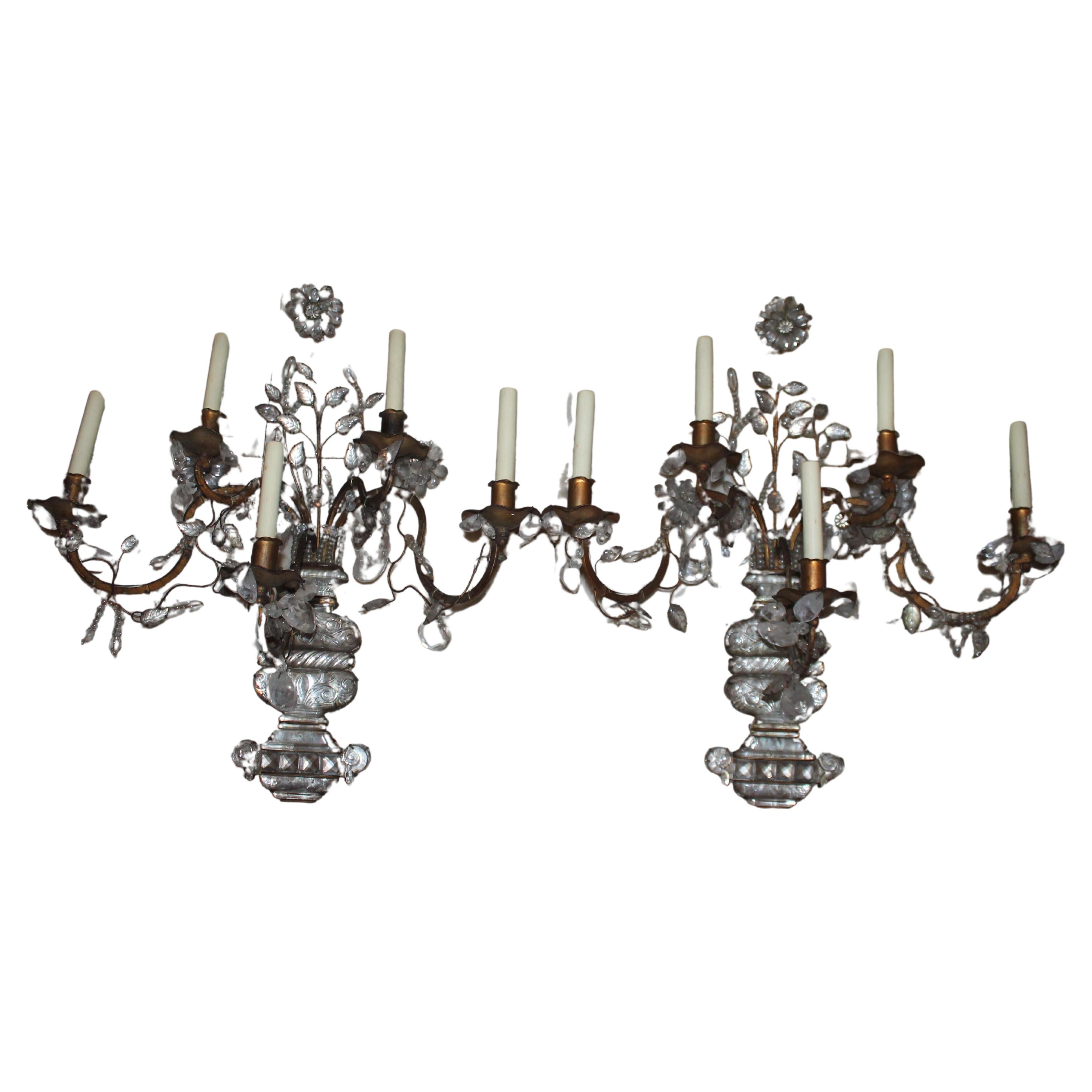 Pair XL 1940's French Regency Rock Crystal Sconces by Maison Bagues