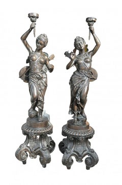 Pair XL Bronze Female Figurine Lantern Candelabras 6 Ft