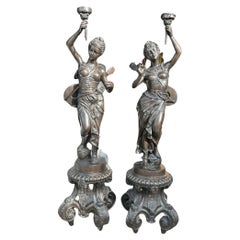 Pair XL Bronze Female Figurine Lantern Candelabras 6 Ft