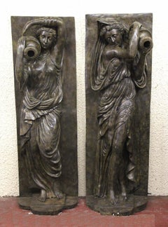 Pair XL Bronze Fountains - Italian Maiden Statues Garden Plaques