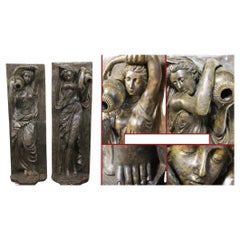 Pair XL Bronze Fountains - Italian Maiden Statues Garden Plaques