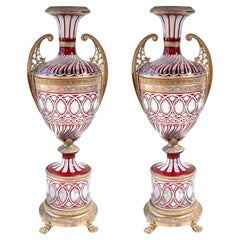 Pair XL French Glass Urns Empire Amphora Vases