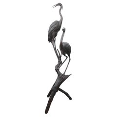 Pair XL Japanese Bronze Cranes Garden Fountain Bird Statue Heron