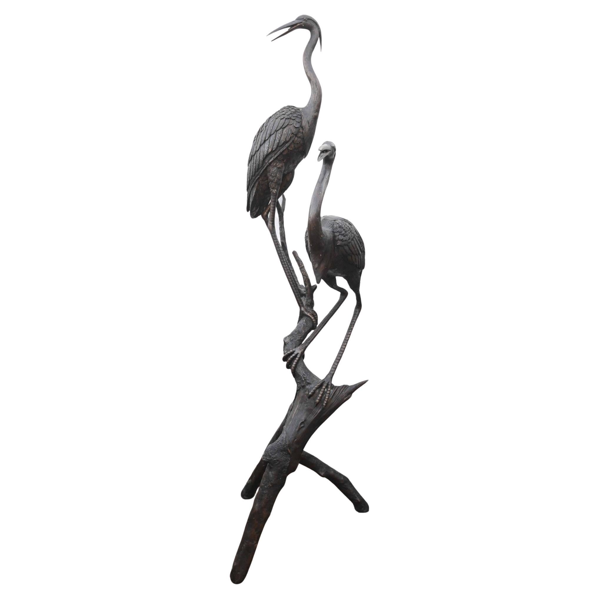 Pair XL Japanese Bronze Cranes Garden Fountain Bird Statue Heron