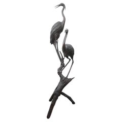 Pair XL Japanese Bronze Cranes Garden Fountain Bird Statue Heron Pair XL Japanese Bronze Cranes Garden Fountain Bird Statue Heron