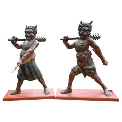 Pair XL Japanese Meiji Oni Sculptures Demons Statue