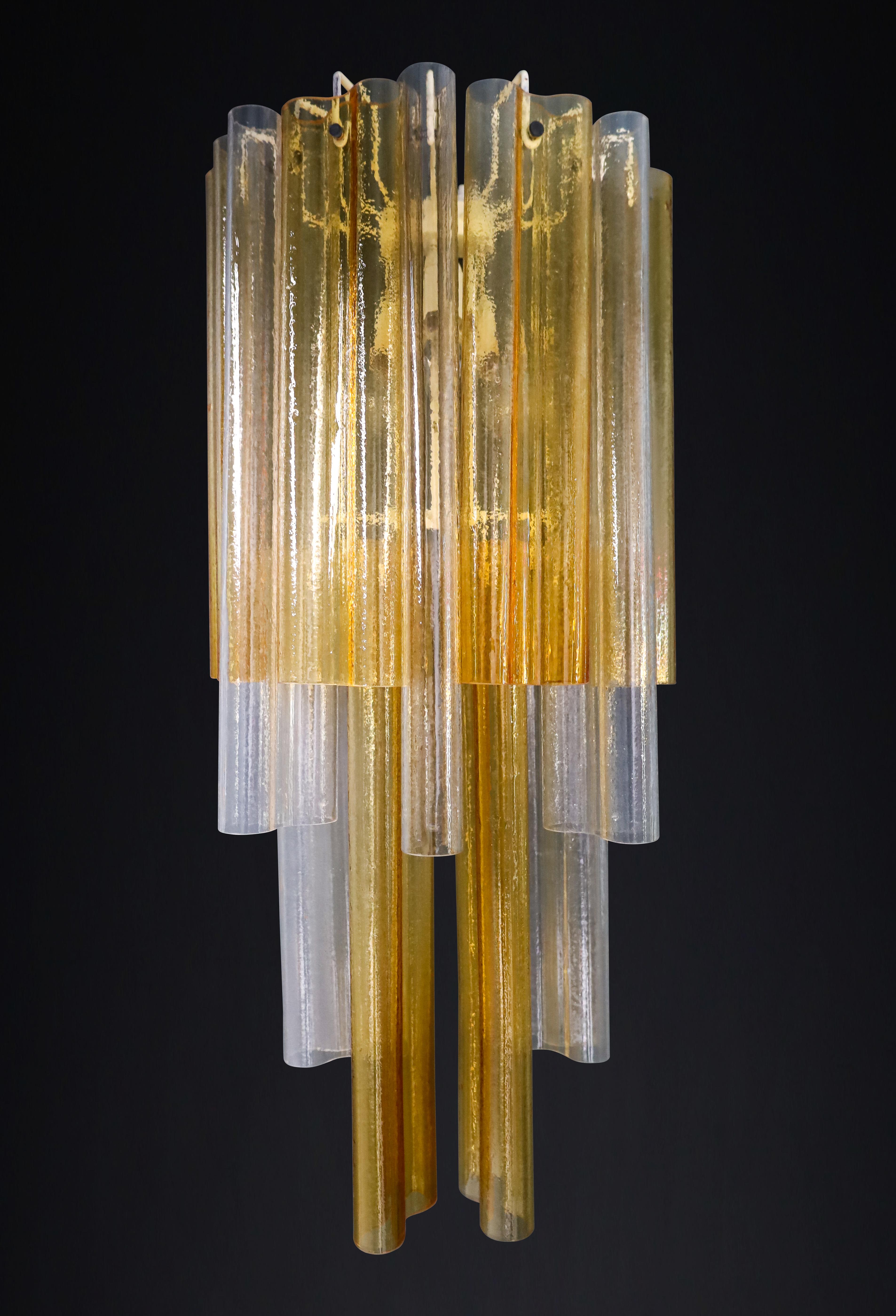 Mid-Century Modern Pair XXL Venini Wall Chandeliers with Murano Amber and Ice Glass, Italy 1960 For Sale